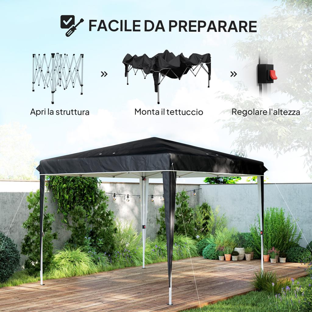 Gazebo 3x3 m for 6-9 People with Adjustable Height and Drainage Holes, in Metal and Black Oxford Fabric