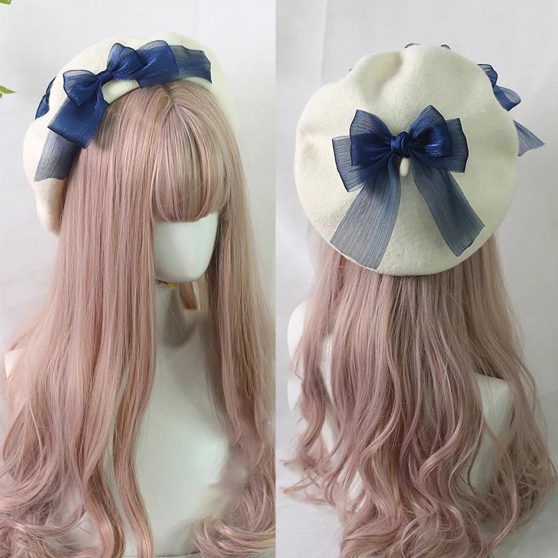 Handmake Lolita Berets Wool Blend Hat Women Girls Lovely Bow Sailor Maid Style Autumn Winter Berets Hat Accessories