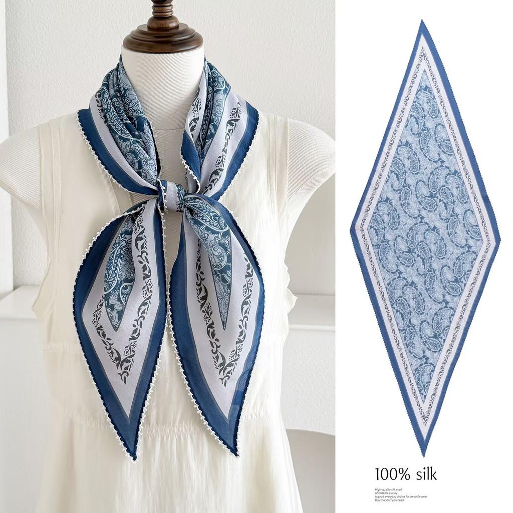 Spring new retro 111 mulberry silk silk scarf fashion temperament silk double crepe lace rhombus scarf accessories