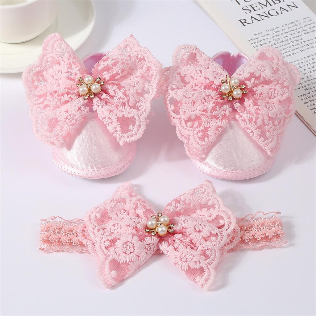 Baby Spitze Perle Schuhe + Haarband Set Baby Kleinkind Schuhe Weiche Sohle Große Schleife Dot Gummi Schuhe