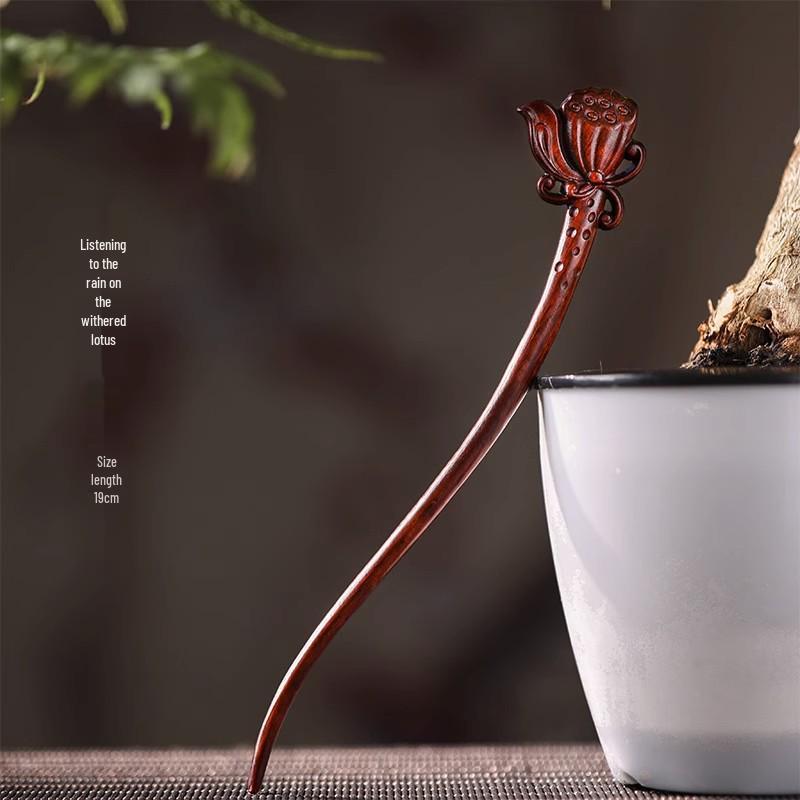 Red Sandalwood Women's Retro Hanfu Hairpins: Hollow Carved Moon Rabbit Wooden Ornaments