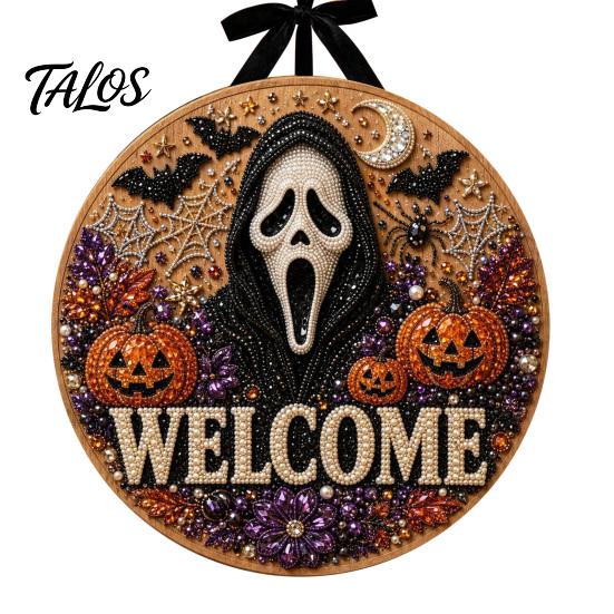 Faux Pearl Door Sign Kit Halloween Kit, Ghost Skull Skeleton Cat Welcome Wall Hanging Decor Crafts Handmade Painting Arts for Decoration