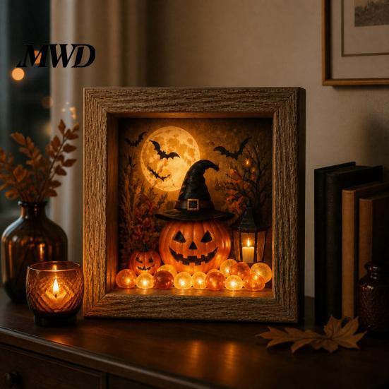 Wood Glass Picture Frame Halloween Shadow Box DIY Lighted Craft Kit, Wooden Night Light with Gothic Style Lamp Sea Stones, LED Memory Display Case for