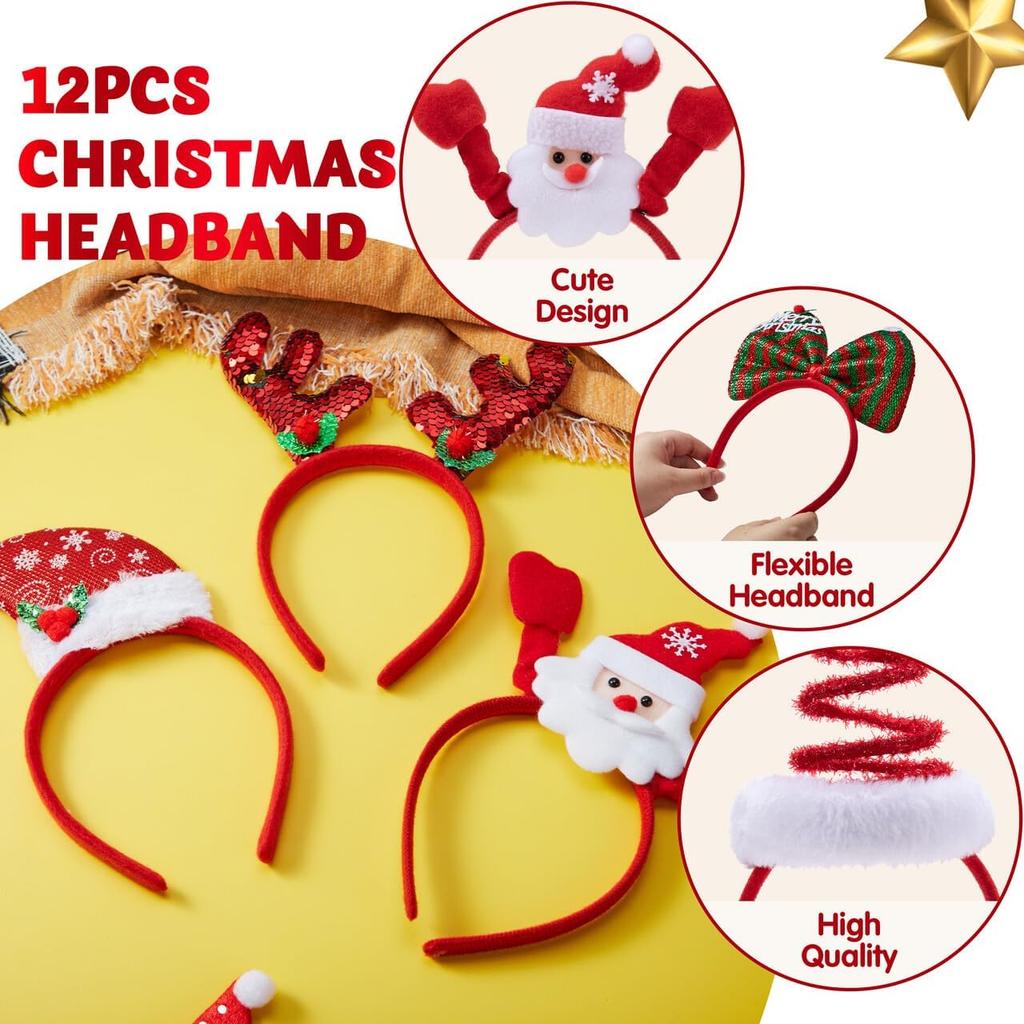 JOYFY 12 Packs Christmas Headbands with Assorted Design Christmas Holiday Headband for Women Men Christmas Parties Xmas Favors