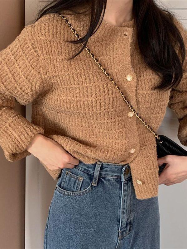 New autumn retro small fragrant wind round neck textured woven cardigan loose long-sleeved sweater women's knitted outer fit