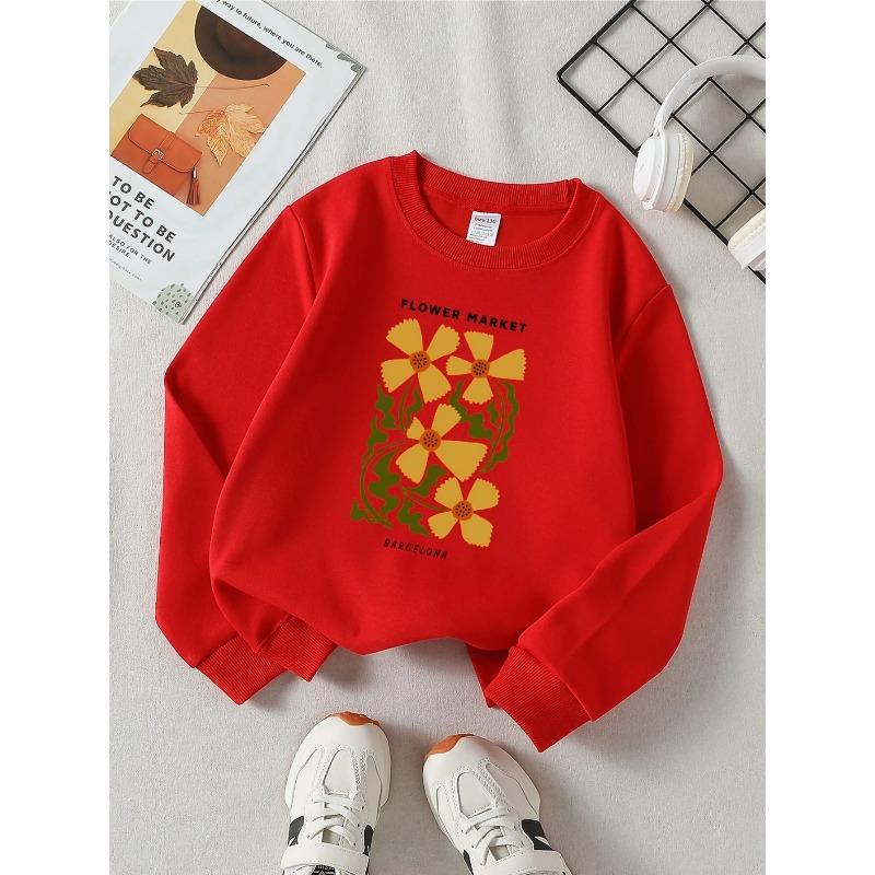 European Sizes Kids' Round-neck Hoodie - Flower Market Barcelona Pattern Print , Sportswear And Casual Wear, Soft And Comfortable