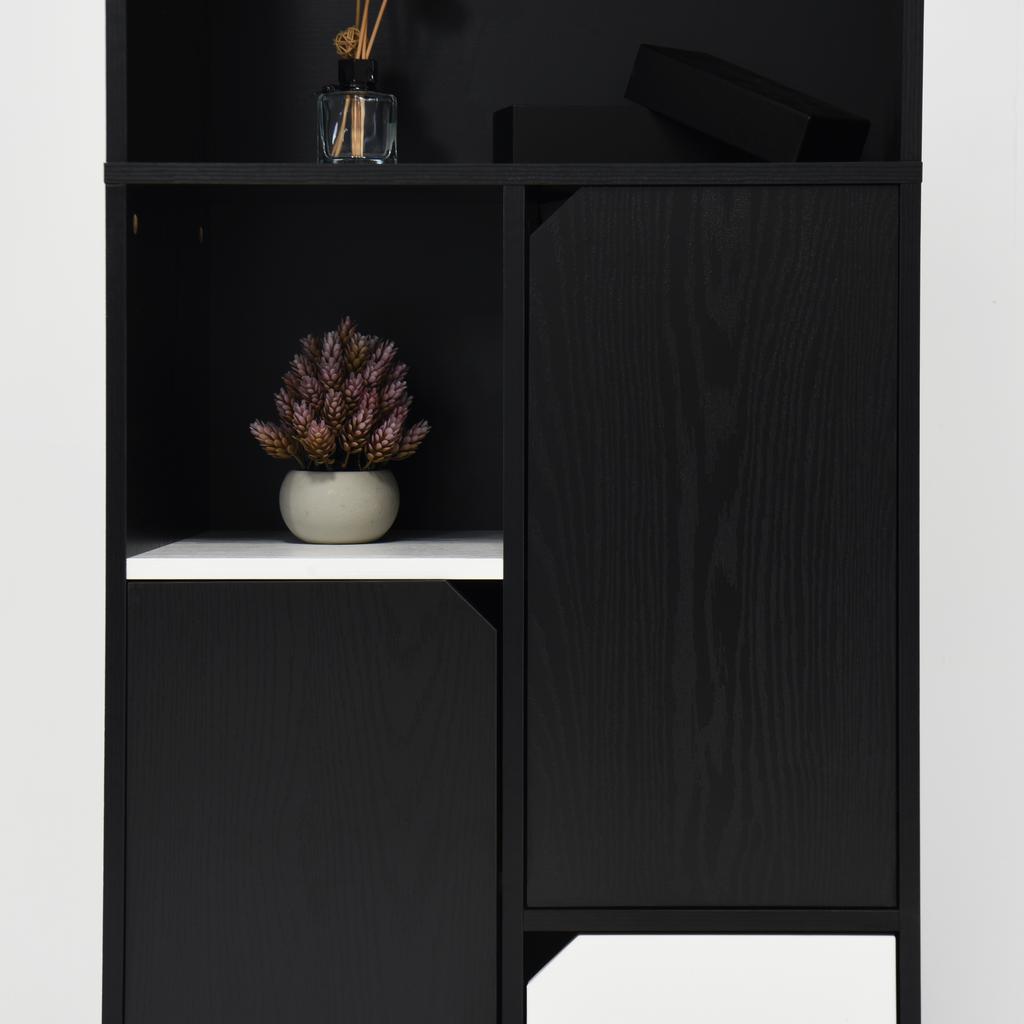 Multifunctional Bookshelf with Open Storage, Doors and Drawers, Black-White, Modern Style, Storage Cabinet for Bedroom and Living Room
