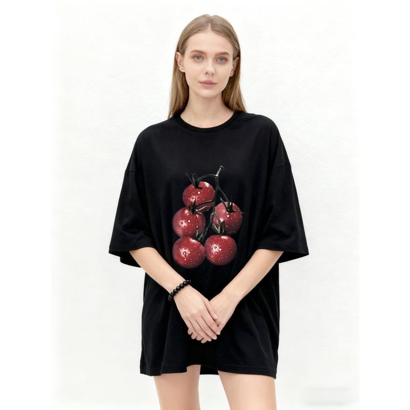 Oversized T Shirt Black Cherry Print Casual Wear for Women Summer Outfit Fashion Statement Loose Fit Top Streetwear Style