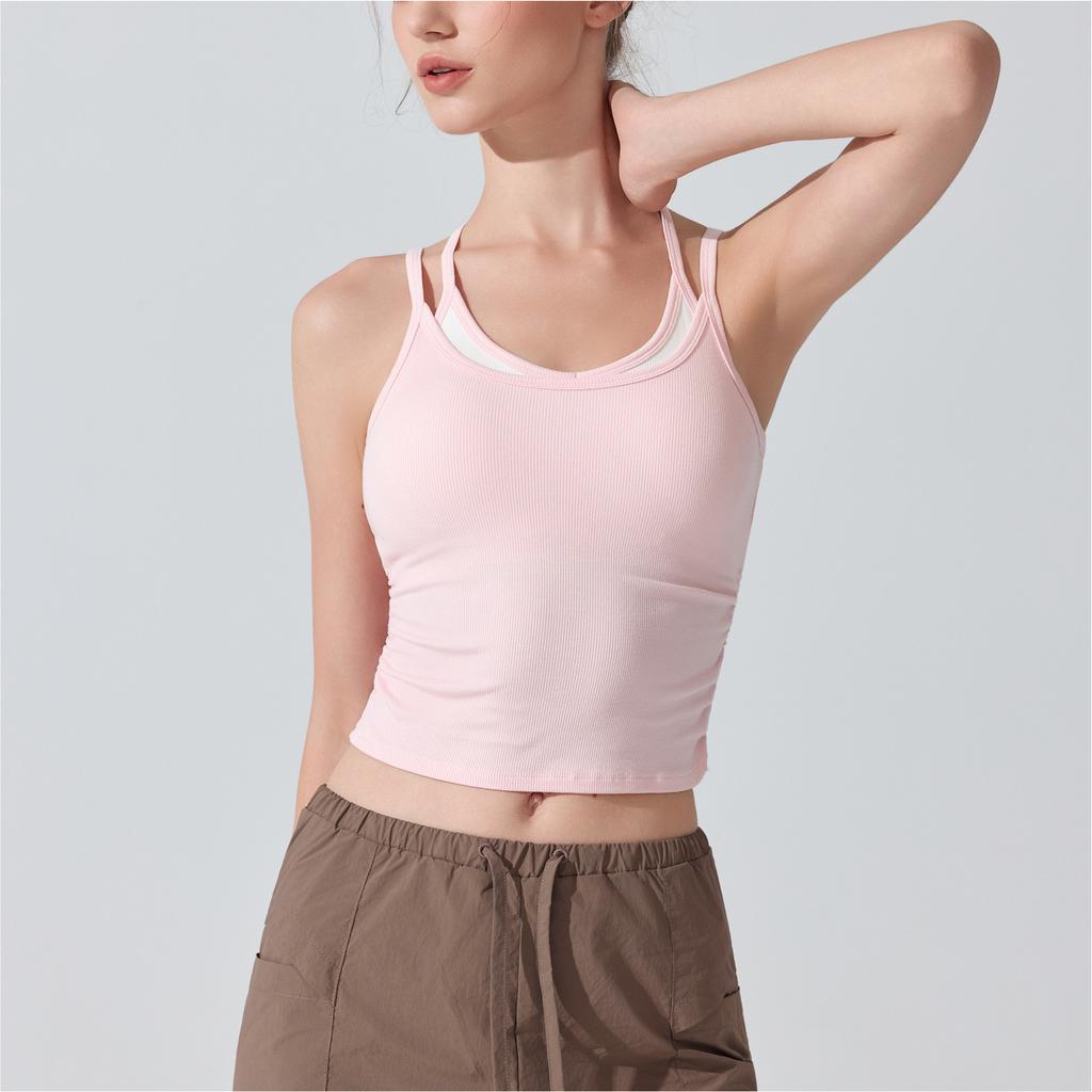 Fake two-piece suspender with chest pad, rib with cup, I-shaped outer wear, sports underwear, fitness nude yoga vest