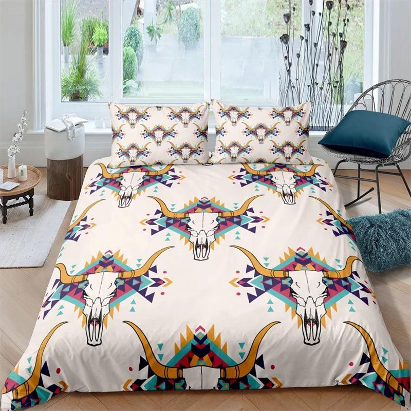 Exotic Bull Skull Duvet Cover Twin Queen Size Western Bedding Set Bohemia Flowers Quilt Cover Microfiber Feather Comforter Cover