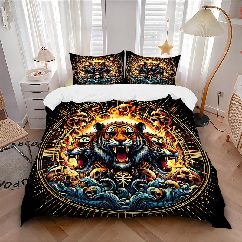 3pcs Flaming Tiger Amidst Waves Pattern Bedding Set, 1* Cover + 2*Pillowcases, Bedding Set, Soft and Comfortable, Bedroom and Guest Room Use