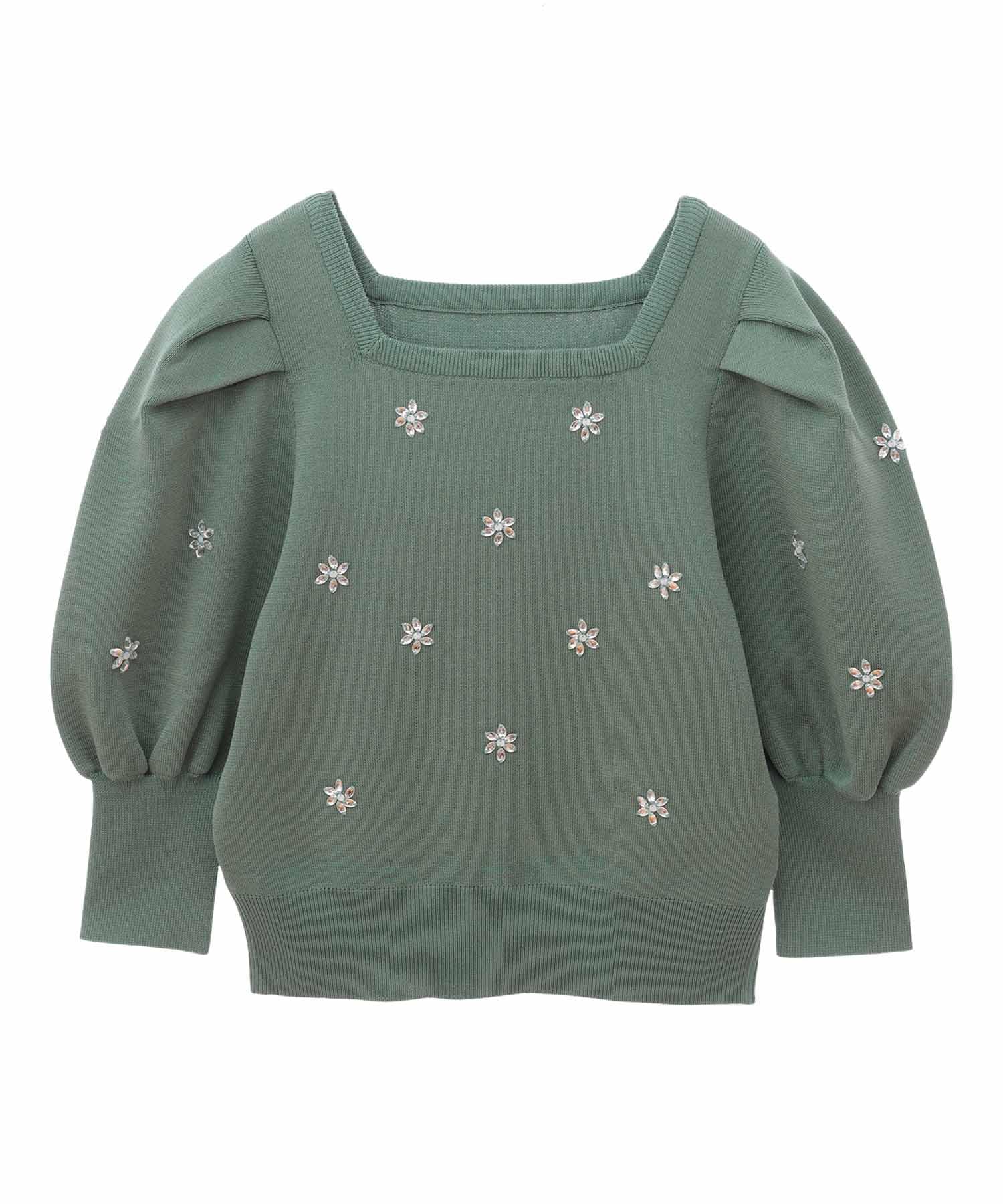 

Зеленый вязаный свитер с квадратным вырезом и отделкой драгоценными камнями [Trenteant Mode], женский, зелёный