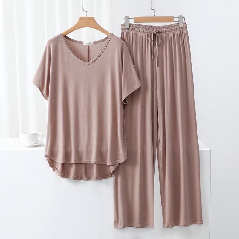 Summer Modal Homewear 2 Piece V-Neck Short Sleeve Tshirt and Wide Leg Pant Ankle Length Loose Sleepwear Set Comfort Pajama Sets