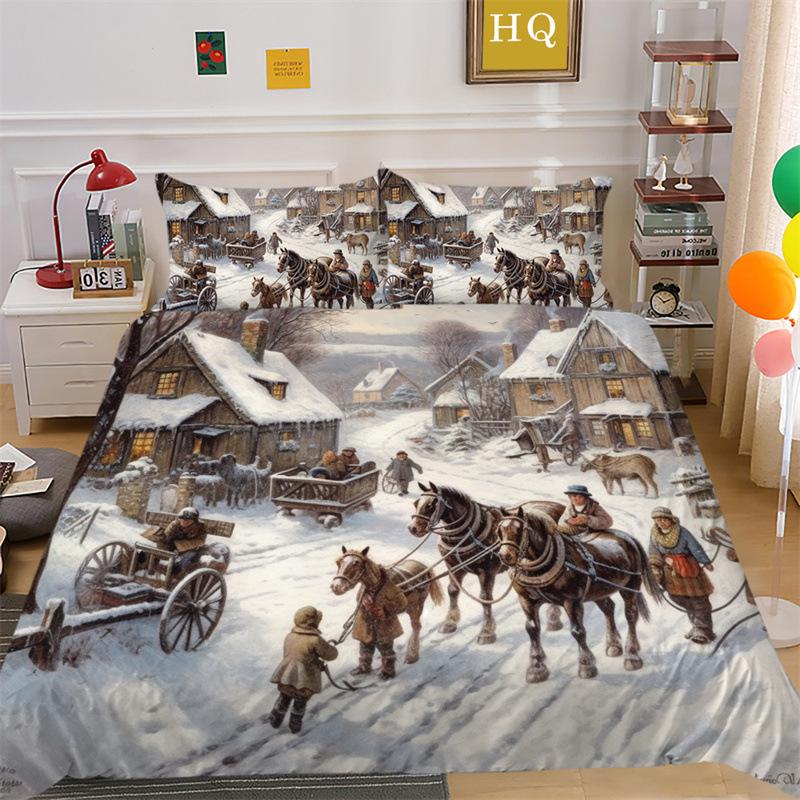 Christmas Snow Scene 3D Printed Polyester Pillowcase Quilt Cover Two Or Three Piece Set
