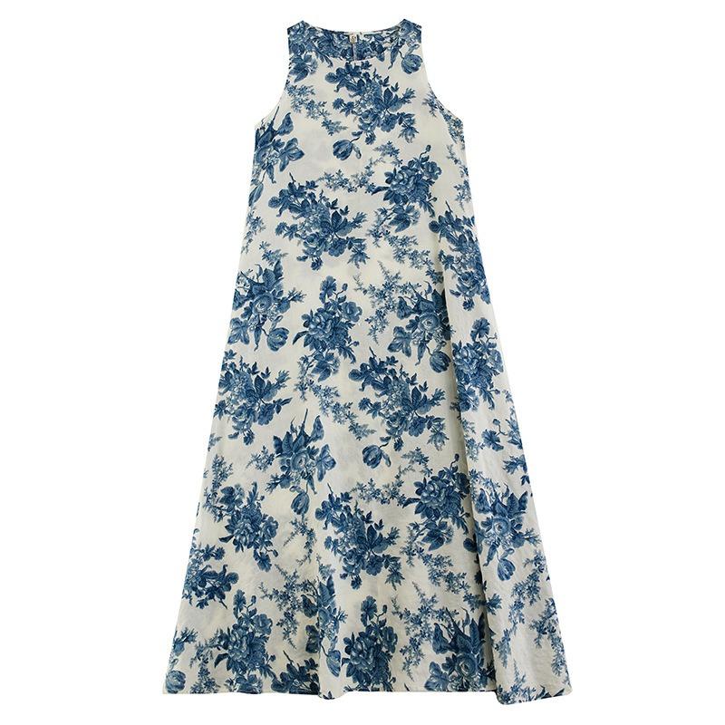 Real shot summer new bohemian long dress fattened plus sleeveless crew neck printed dress women