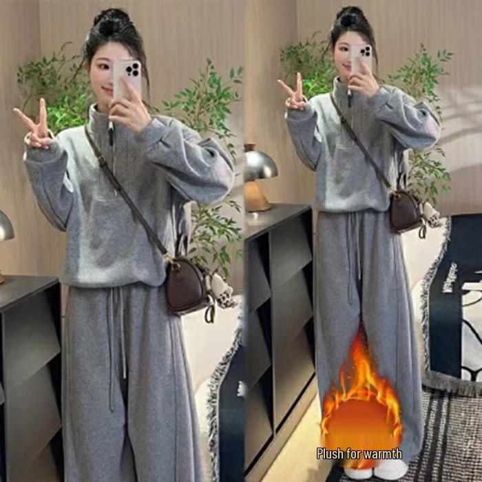 Autumn/Winter 2025 High Collar Velvet Jacket & Curved Blade Pants Two-Piece Set XXXL серый