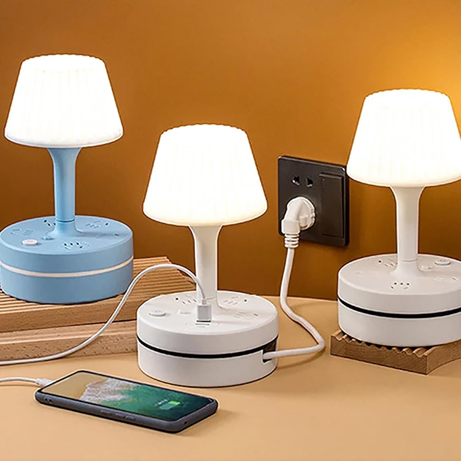 

Bedside Lamps with Ac Outlets and USB Ports, Table Lamp Bedside Lamp with 3 (Or 4) Ac Sockets & 2 USB Ports & 1 USB Type-C Port to Charge синий