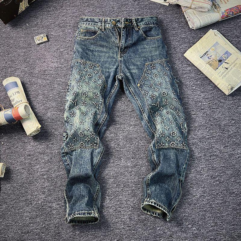 Мужские прямые джинсы JYL Осень Винтажные тисненые стираные свободные пэчворк деним 30 бездна