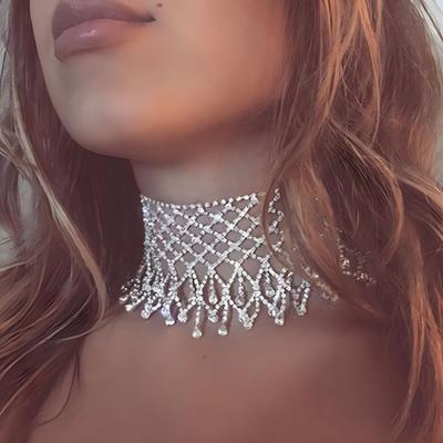 Women's Necklace, Full Diamond Retro Exaggerated Teardrop Fringe Choker, Sparkling Crystal Statement Collar Necklace