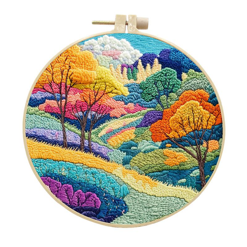 1pc Pastoral Landscape Pattern Embroidery DIY Fabric Craft Kit with Tools
