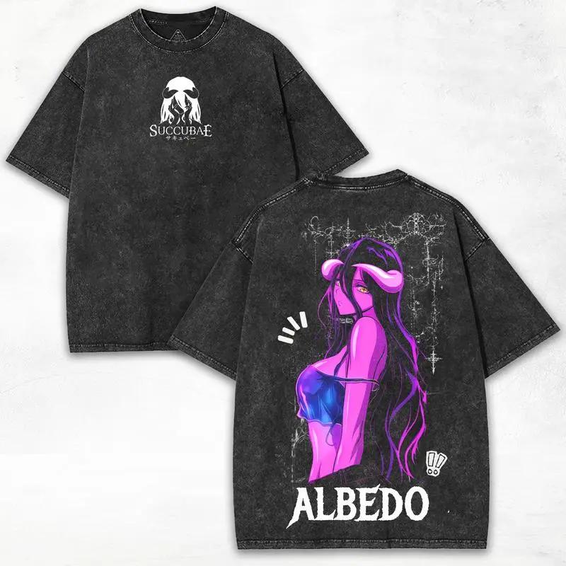 Anime Overlord Albedo Graphic Tee Men Women Short Sleeve Clothing Washed Cotton Tshirt Casual T-shirt Harajuku Vintage T Shirt