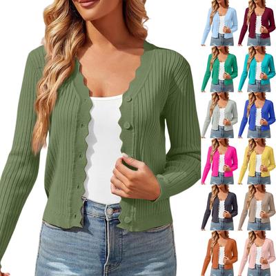 Damen Einfarbiger Lässiger Cardigan mit Muschelkante V-Ausschnitt Dünne Kurze Strickjacke