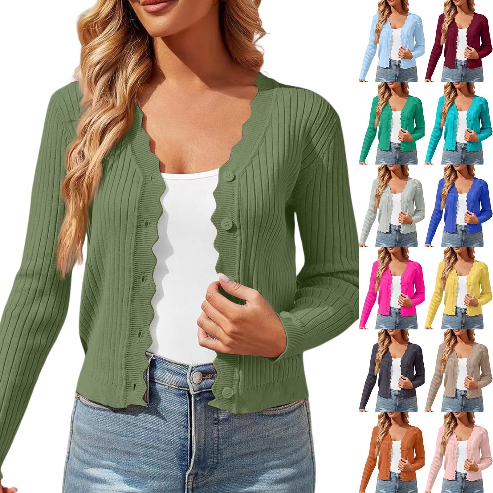 

Women s Solid Color Casual Cardigan With Fungus Edge V-neck Thin Short Knit Jacket L