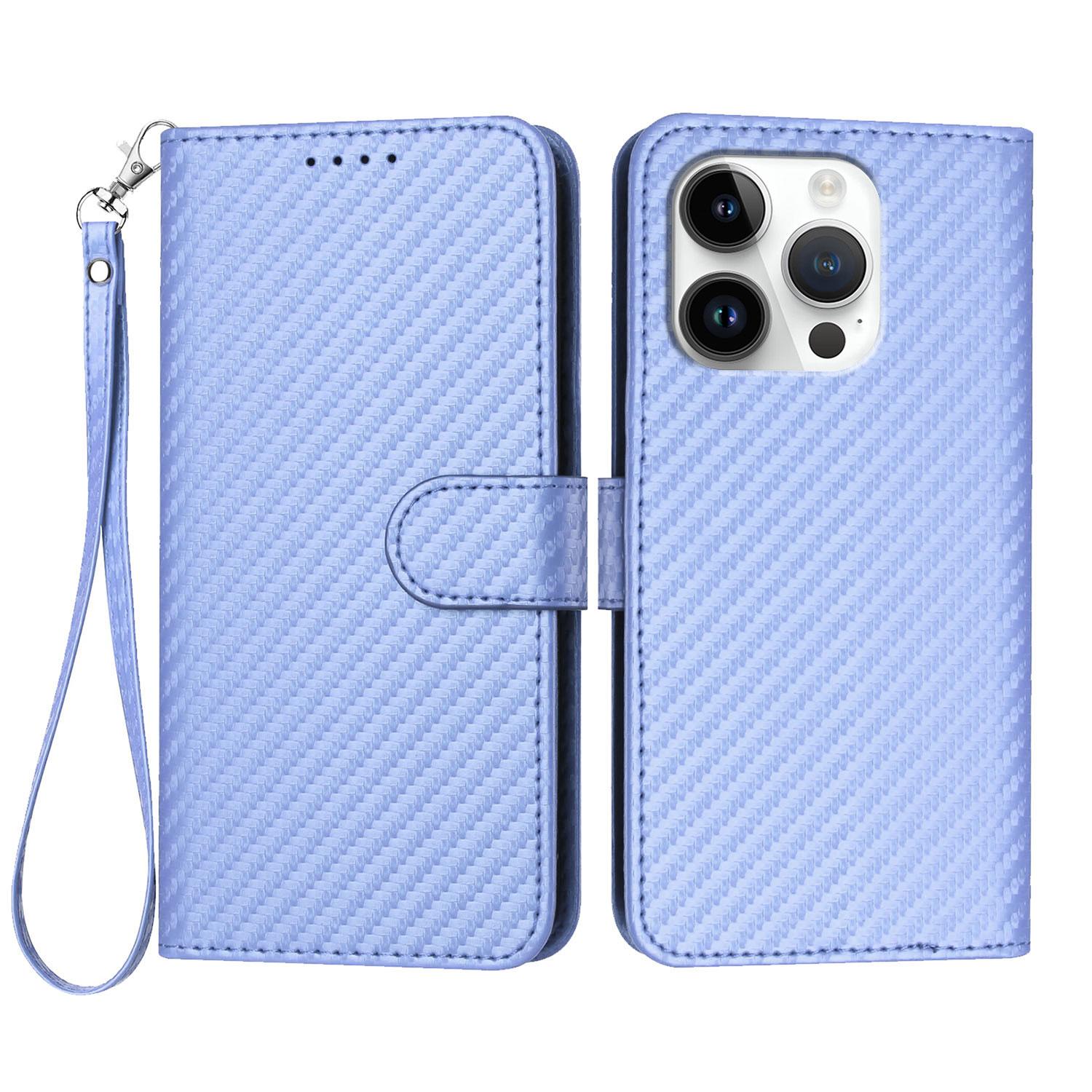 

For iPhone 16 Pro Wallet Case with Strap Carbon Fiber Texture Leather Mobile Cover Purple