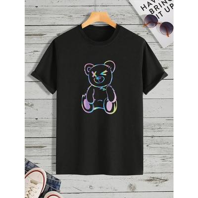 Kadınlar için Ayıcık Baskılı Tişört, Günlük Bisiklet Yaka Kısa Kollu Moda Yaz Tişörtleri Üstler, Normal ve Oversize Tişörtler