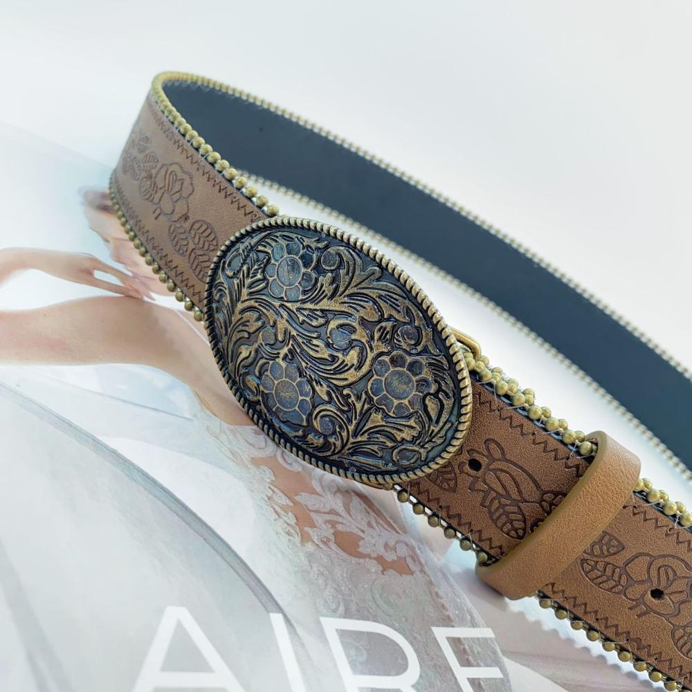 Zinc Zinc Alloy Cowgirl Buckle Belt Vintage Flower PU Hollow Belt Fashion Cowboy Waistband  Dress Decoration