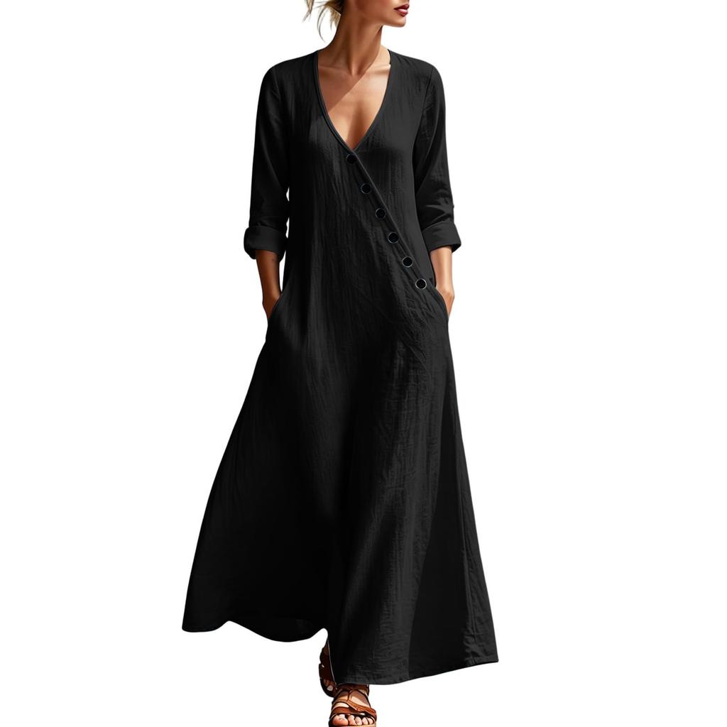 Women’s Elegant Long Sleeve V Neck Maxi Dress Bohemian Style Vacation Wear with Button Loose Fit
