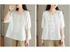 Women's Summer 2024 V-Neck Embroidered Three-Quarter Sleeve Cotton Linen Shirt