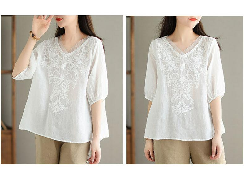 Women's Summer 2024 V-Neck Embroidered Three-Quarter Sleeve Cotton Linen Shirt