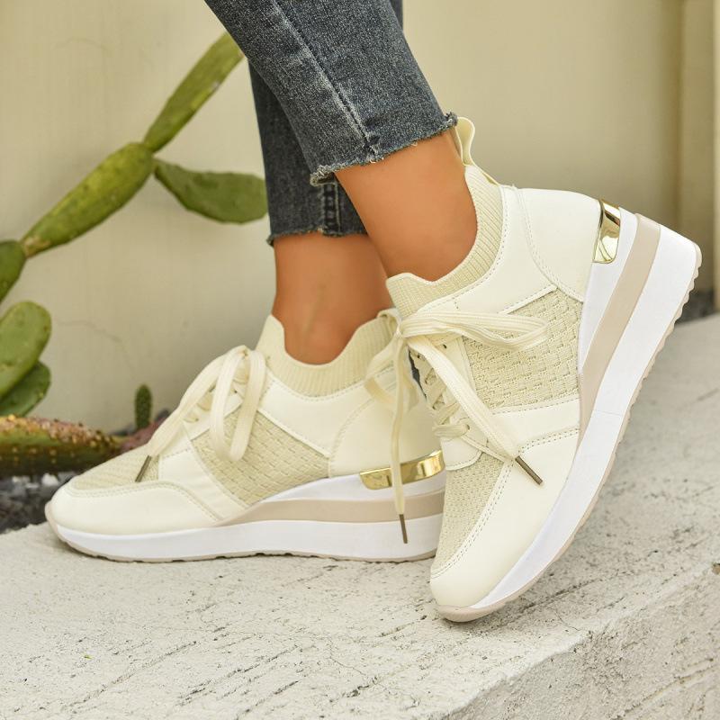 European and American large-size sports shoes spring and summer new thick-soled slope heel casual shoes lace-up breathable sports shoes