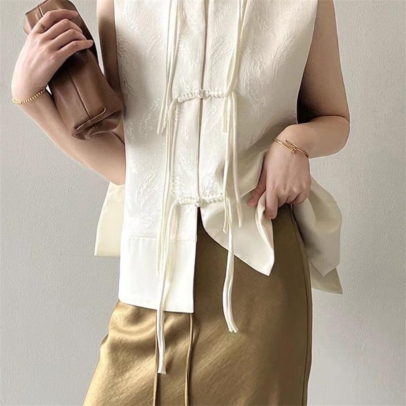 Chinese Plate Button Vest Jacket Spring Jacquard Stand Collar Sleeveless Waistcoat Retro Women Cheongsam Tops
