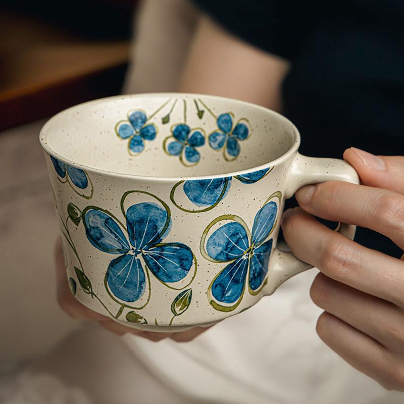 European-style Ceramic Coffee Cup with Blue Flower Design Exquisite Latte Art Coffee Mug Afternoon Tea Home Breakfast Milk Mug