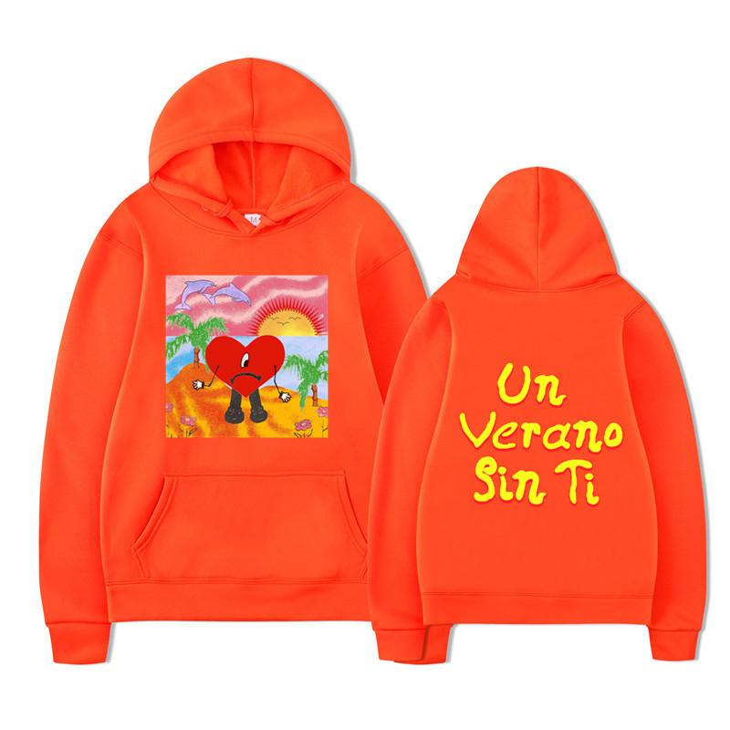 Unisex Black Hoodie Heart Character Tropical Sunset Double Sided Graphic Pullover Sweatshirt Streetwear