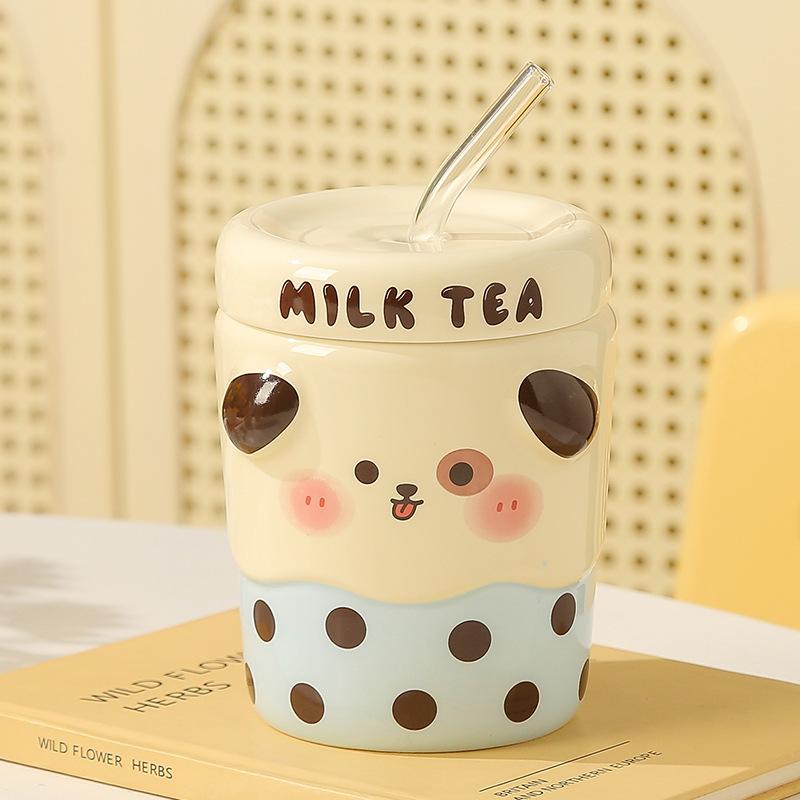 Kreativer Cartoon Milchshake Keramikbecher mit Deckel, Pärchenbecher, Haus- und Bürokaffee-Frühstücksbecher Geschenk