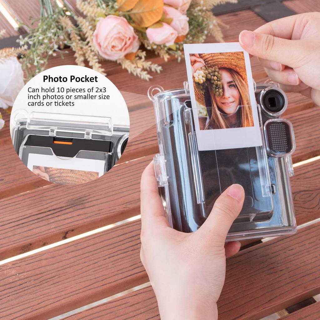 HIYQIN Fuji Instax Mini 41 Camera Case, Compatible Instax Mini 41 Camera Clear Hard PVC Protective Case with Adjustable Leather Shoulder Strap and