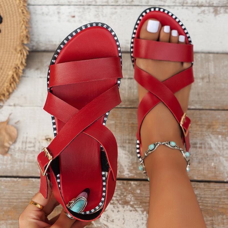 European and American foreign trade large size flat sandals women's 2025 new one-word buckle strap versatile open-toed fish mouth Roman sandals