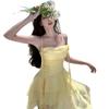 2026 Sweet Girl Yellow Irregular Halter Mini Skirt for Summer Beach Vacation