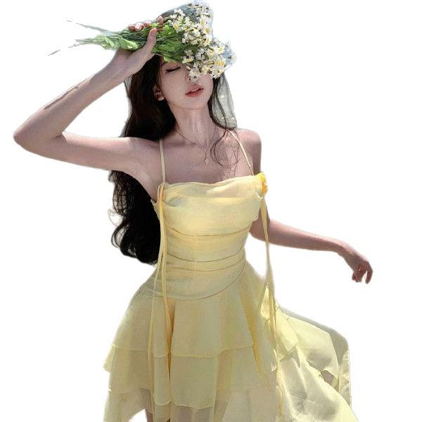 2026 Sweet Girl Yellow Irregular Halter Mini Skirt for Summer Beach Vacation