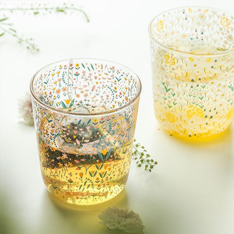 Heat Resistant Borosilicate Glass Flower Cup, Floral Glass Cup, Milk, Juice & Breakfast Drinking Glass