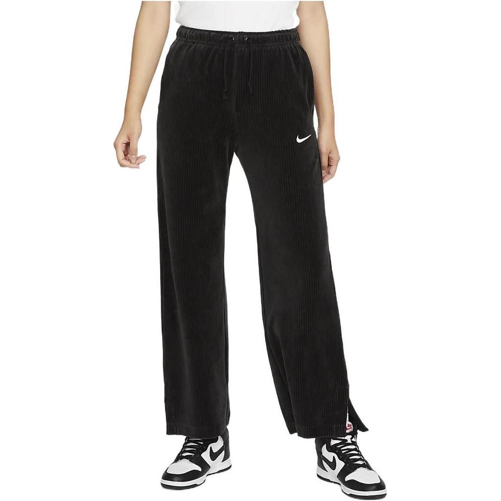 Nike Solide Logo-Print Cordhose Weite Beine Lange Hose Gespaltene Sporthose Damen Hose Schwarz DQ5922-010