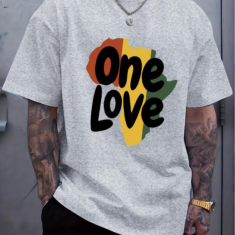 [One Love Print Short Sleeve Tee] One Love Letter Print Men's Short Sleeve T-Shirts, Comfy Casual Elastic Crew Neck Tops For Men's Outdoor Activities