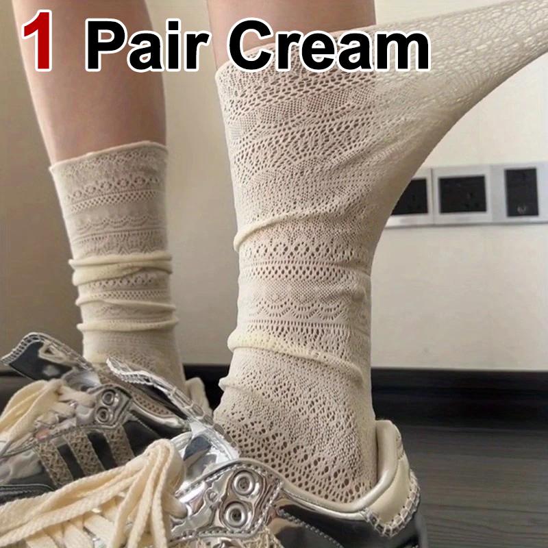 1/4 Pairs Women Lace Trimmed Knee High Socks Summer Hollow Out Design Lightweight Breathable Soft Comfortable Casual Socks
