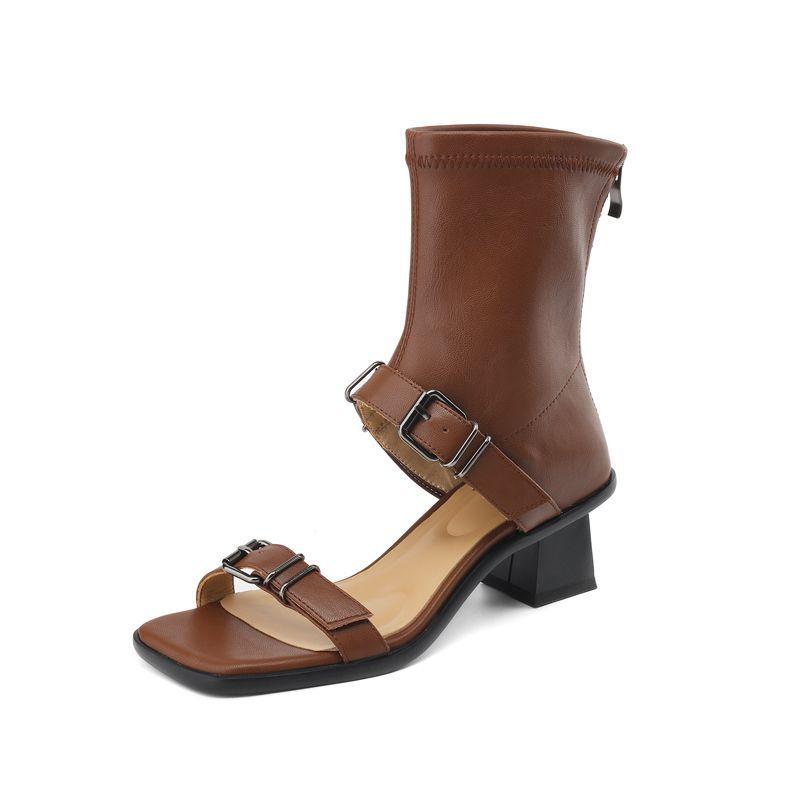 

Fashion 2025 New Women s Fashion Boots Summer New Square Head Shallow Mouth Belt Buckle Mid-calf Elastic Boots 34 коричневый