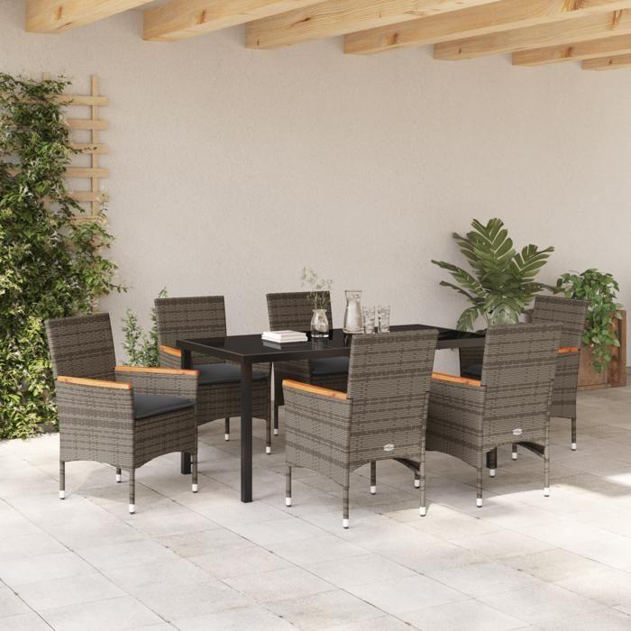 VidaXL Ensemble de Salle à Manger de Jardin de 7 pièces avec Coussins en Poly Rattan Gris 3379853