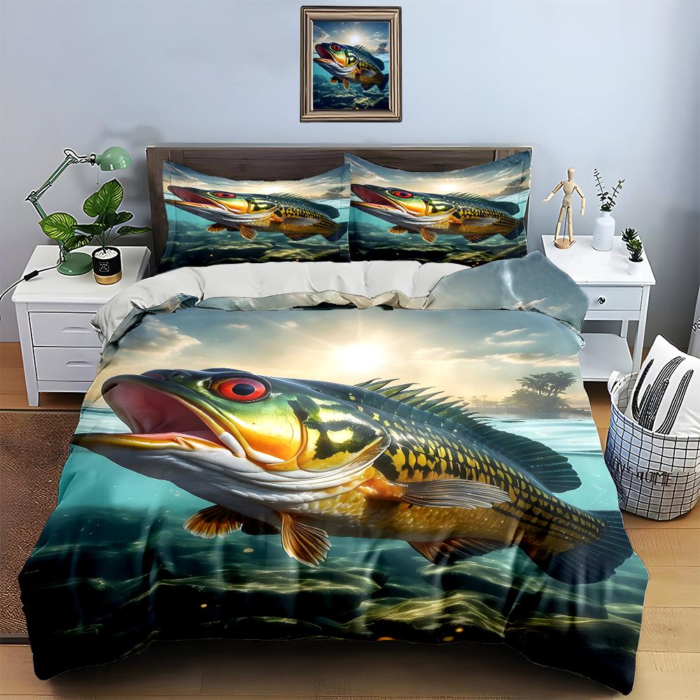 Largemouth Bass Illustration Bedding Duvet Cover Sets Duvet Covers Pillowcases Gifts (1 * Duvet Cover 2 * Pillowcases, Without Duvet Insert)