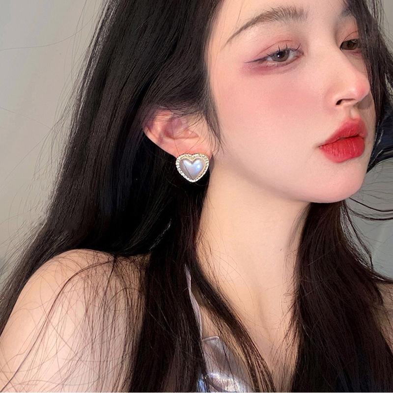 Korean Style Contracted Heart Pearl Earrings For Women Sweet Flower Zircon Geometric Stud Earring Girl Party Jewelry